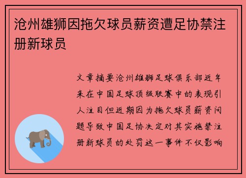 沧州雄狮因拖欠球员薪资遭足协禁注册新球员